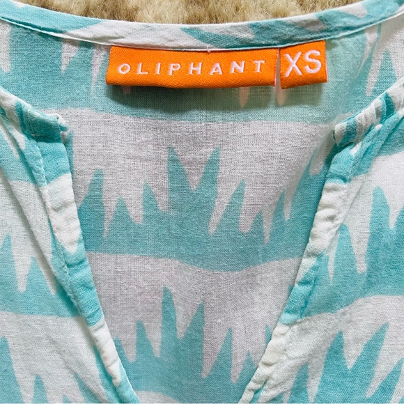 Oliphant Cotton Tunic Top Split V Neck 3/4 Sleeve White W/ Aqua Aloe Print Sz XS - Picture 8 of 13